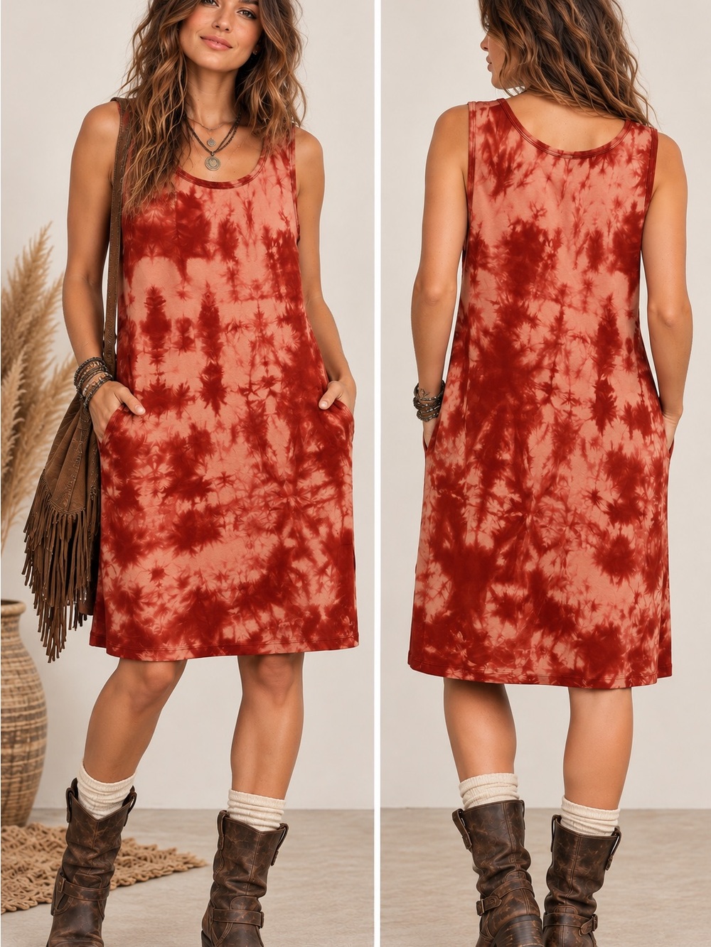 J. Jill Red Tie-Dye Tank Boho Hippie Nostalgia Wimsigoth Casual Dress Large